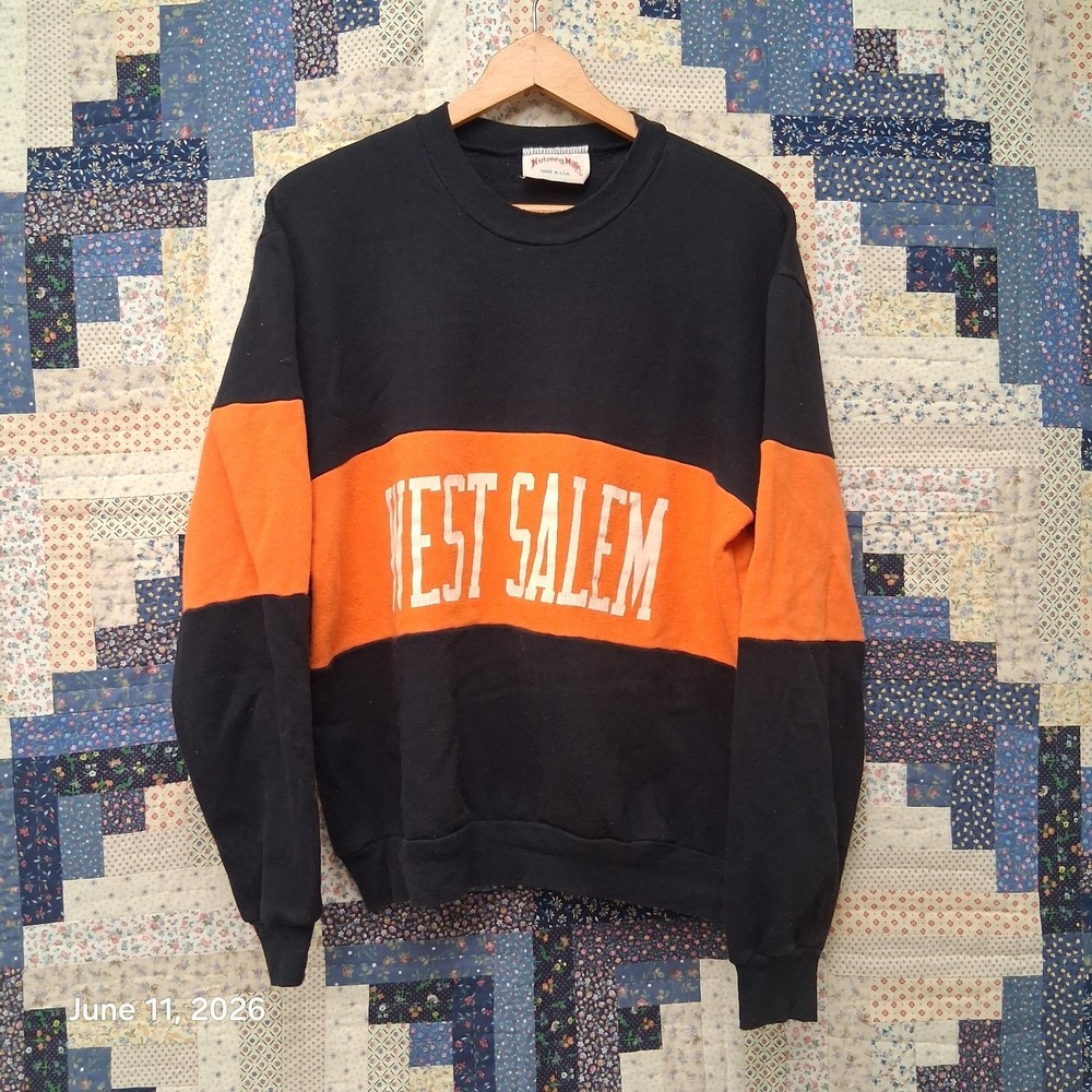 Vintage Nutmeg Mills West Salem Univeristy Orange Black Wide Stripe Fleece Crew